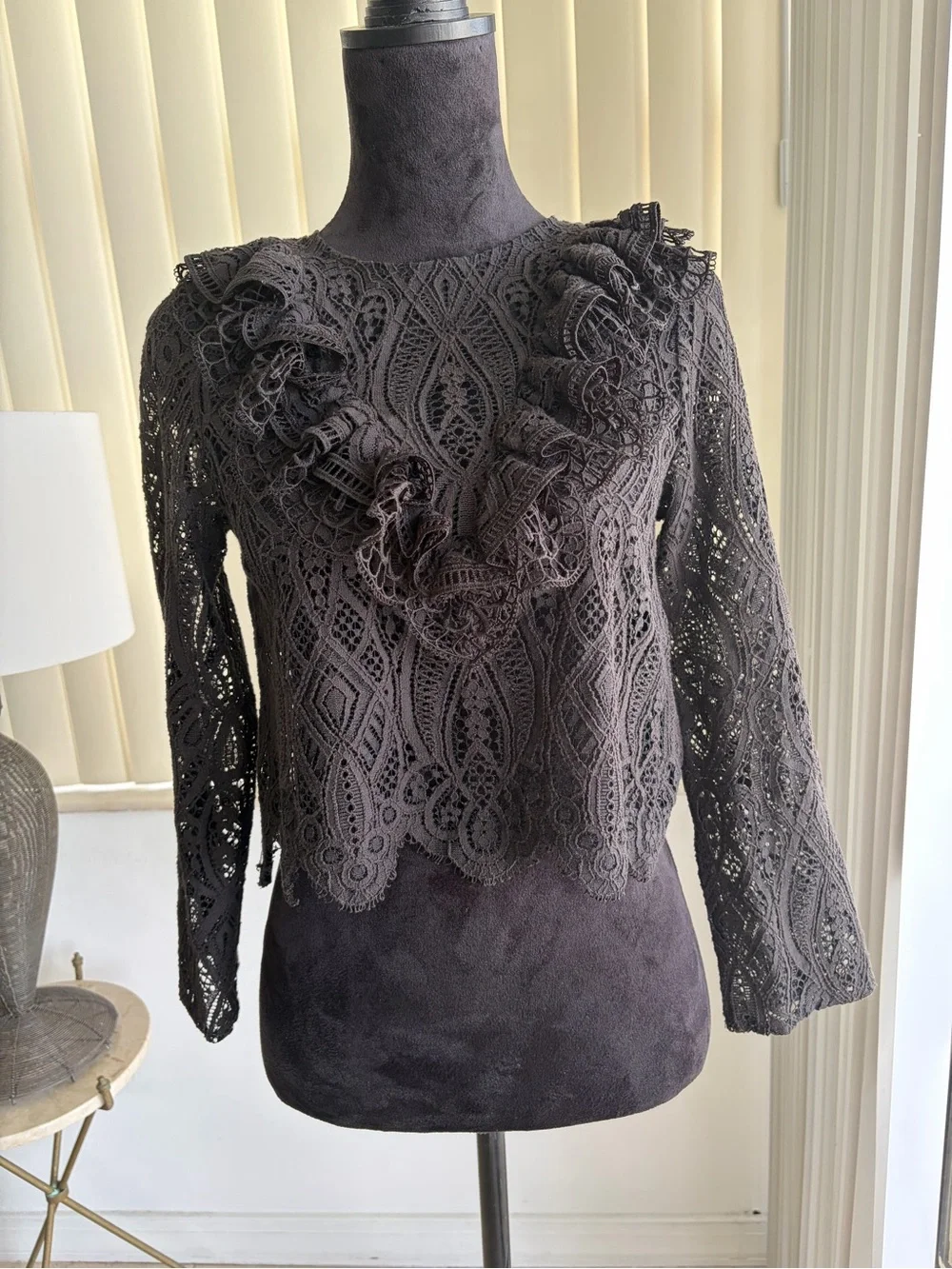 ZARA Gothic Black Guipure Lace Ruffle Neckline Long Sleeve Blouse XS